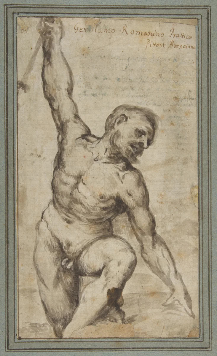Nude Male Figure with Upraised Right Arm by Girolamo Romanino, drawing, 1550-1560