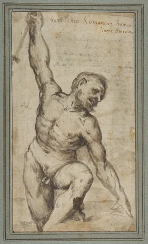 Nude Male Figure with Upraised Right Arm by Girolamo Romanino, drawing, 1550-1560