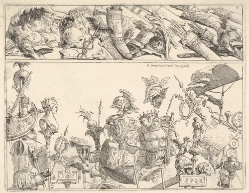 Roman arms, standards, and trophies, a composition divided into two horizontal bands by Giovanni Domenico Tiepolo, print, 1774
