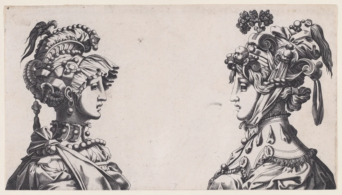 Fantastical Masked Female Heads by René Boyvin, print, 1525-1600