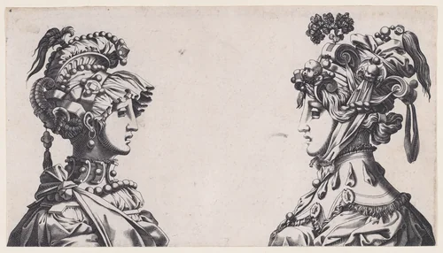 Fantastical Masked Female Heads by René Boyvin, print, 1525-1600