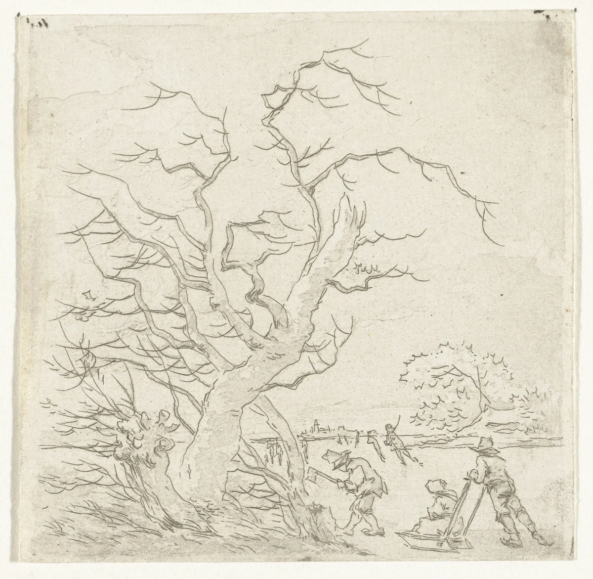 Winterlandschap met schaatsers en houthakker by Hermanus van Brussel, print, 1800-1815