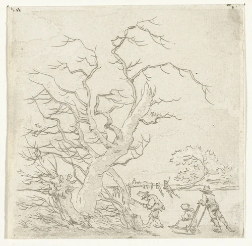 Winterlandschap met schaatsers en houthakker by Hermanus van Brussel, print, 1800-1815