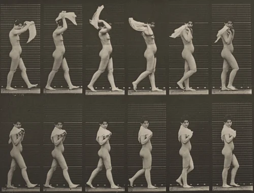 Plate Number 40. Walking and throwing a handkerchief over shoulders by Eadweard Muybridge, photograph, 1887