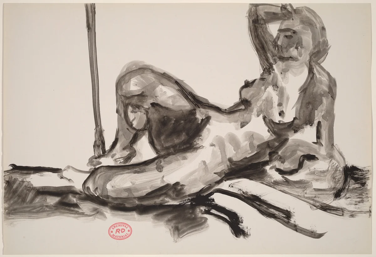 Untitled [reclining nude resting on her left side and raising her right arm] by Richard Diebenkorn, drawing, 1955-1967