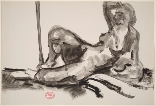 Untitled [reclining nude resting on her left side and raising her right arm] by Richard Diebenkorn, drawing, 1955-1967