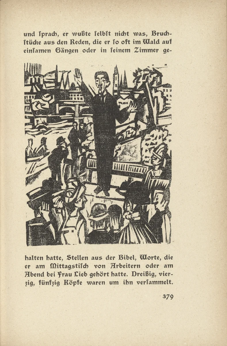 The Peace Apostle: The Speaker (Der Friedensapostel: Der Redner) (in-text plate, page 379) from Neben der Heerstrasse (Off the Main Road) by Ernst Ludwig Kirchner, illustrated book, 1923