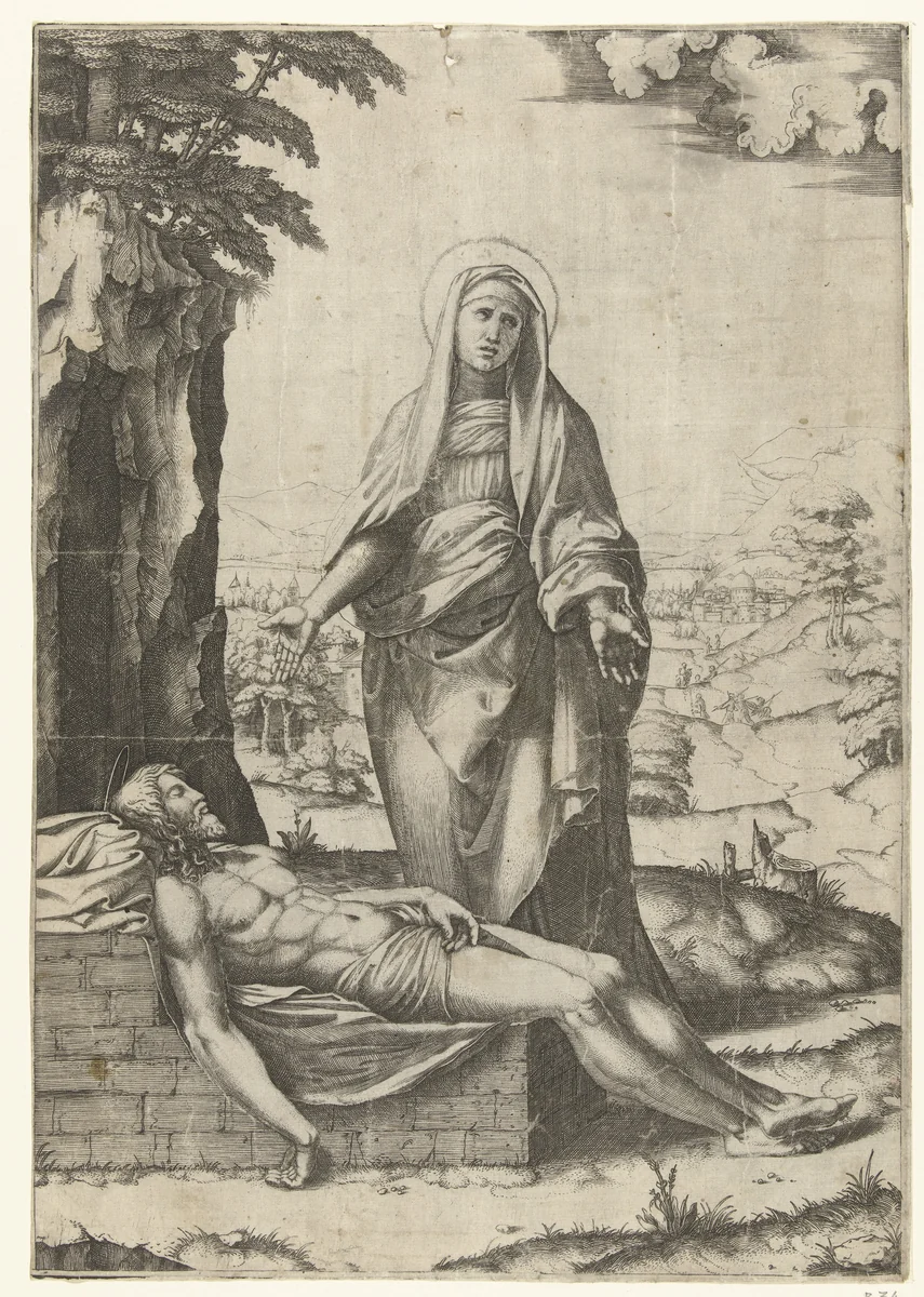 Bewening van dode Christus door Maria by Marcantonio Raimondi, print, 1510-1514