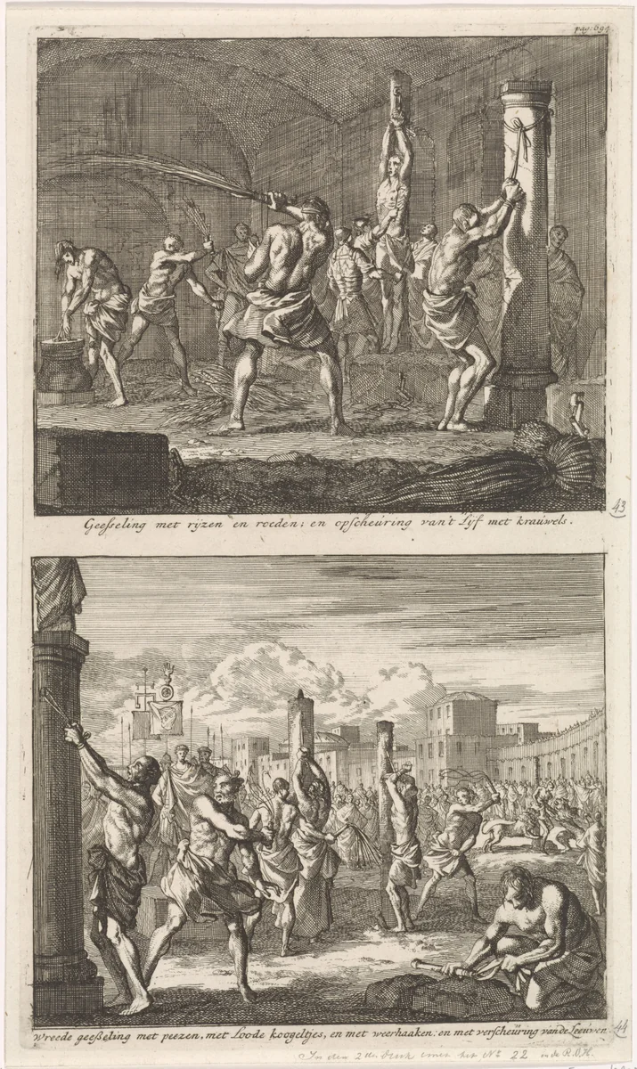 Christenen worden gegeseld in een cel en christenen worden in het openbaar gegeseld by Jan Luyken, print, 1700