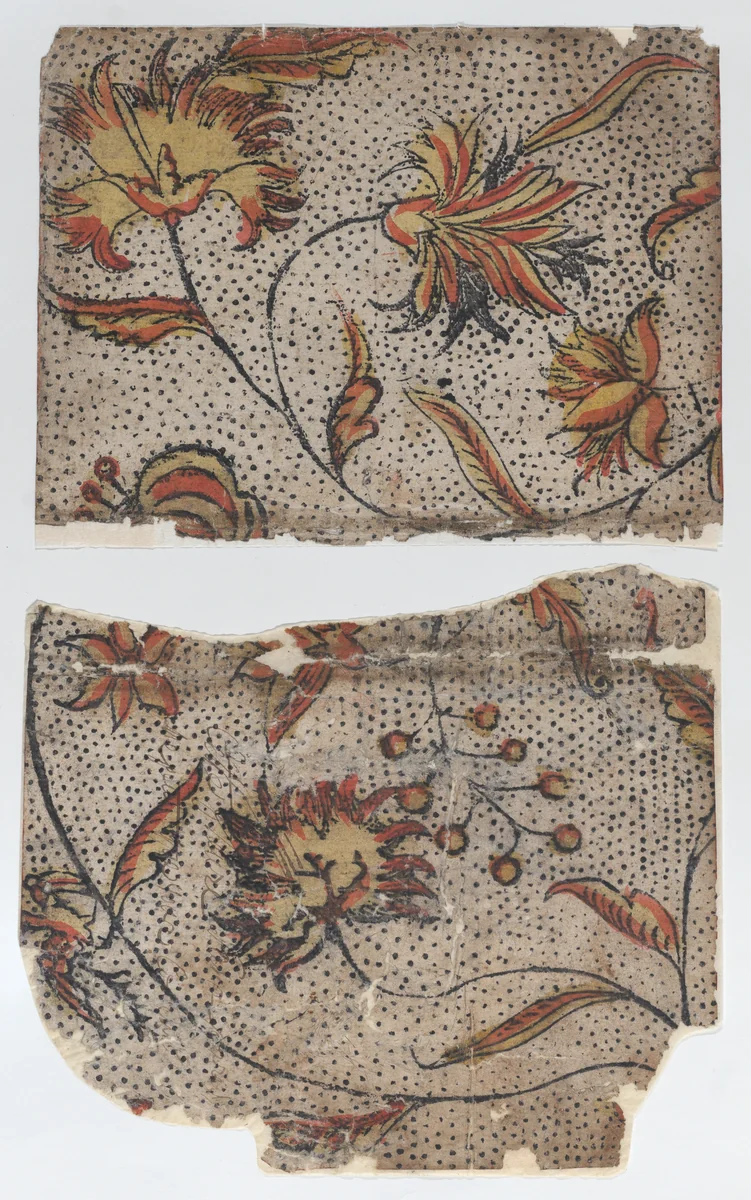 Sheet in two sections with overall floral and dot pattern by anonymous, print, 1700-1800