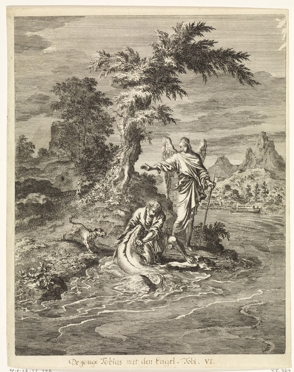 Tobias vangt de grote vis by Jan Luyken, print, 1708