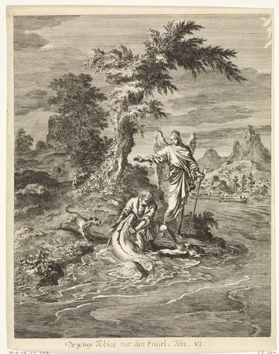 Tobias vangt de grote vis by Jan Luyken, print, 1708
