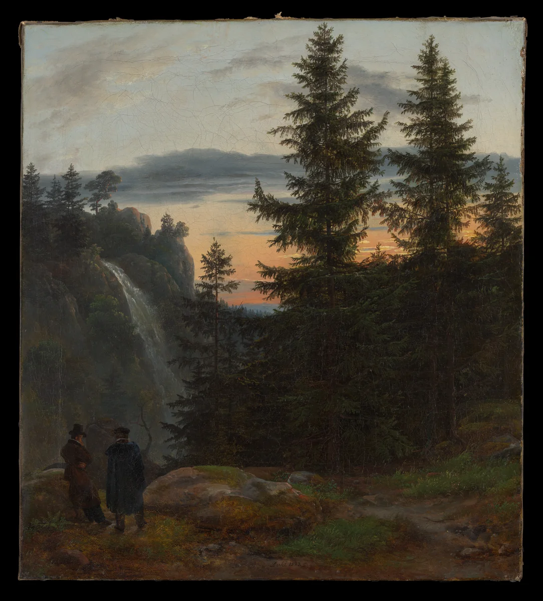 Two Men before a Waterfall at Sunset by Johan Christian Dahl, painting, 1823
