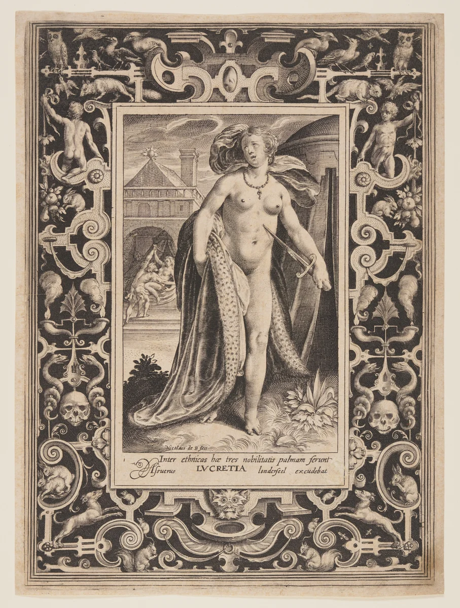 Lucretia, plate one from The Nine Worthies by Nicolaes de Bruyn, print, 1595