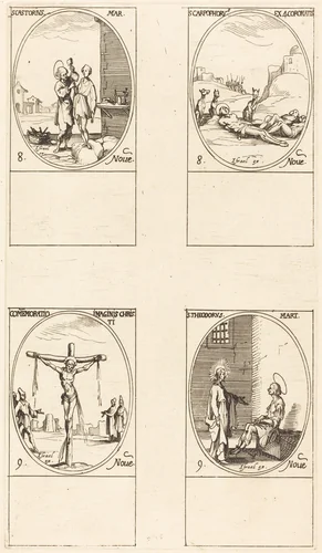 St. Castorius; St. Carpophorus & The Four Crowned Martyrs; Commemoration of the Image of Christ; St. Theodore by Jacques Callot, print, 1627-1637