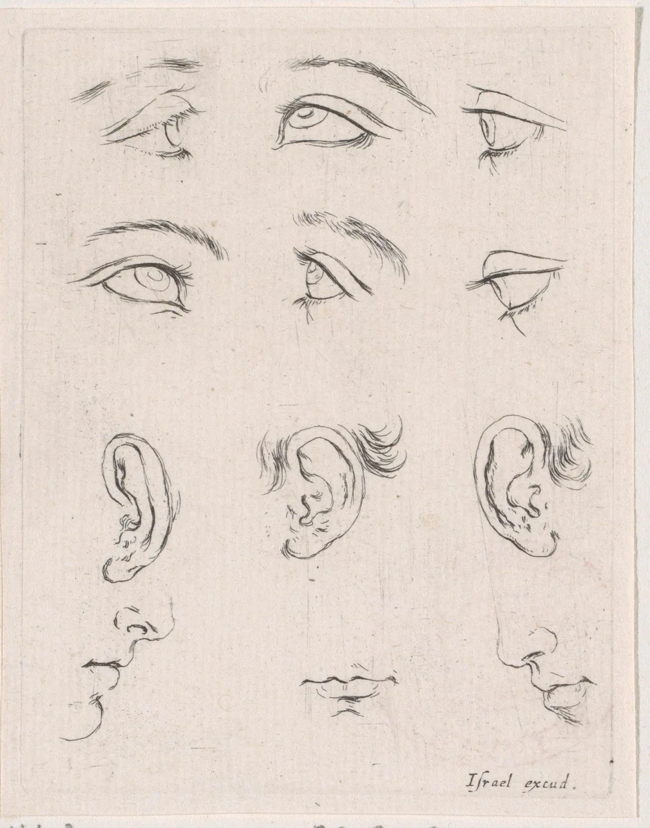 Zes ogen, drie oren, twee neuzen en drie monden by Stefano della Bella, print, 1620-1664