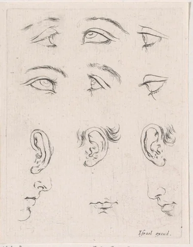 Zes ogen, drie oren, twee neuzen en drie monden by Stefano della Bella, print, 1620-1664