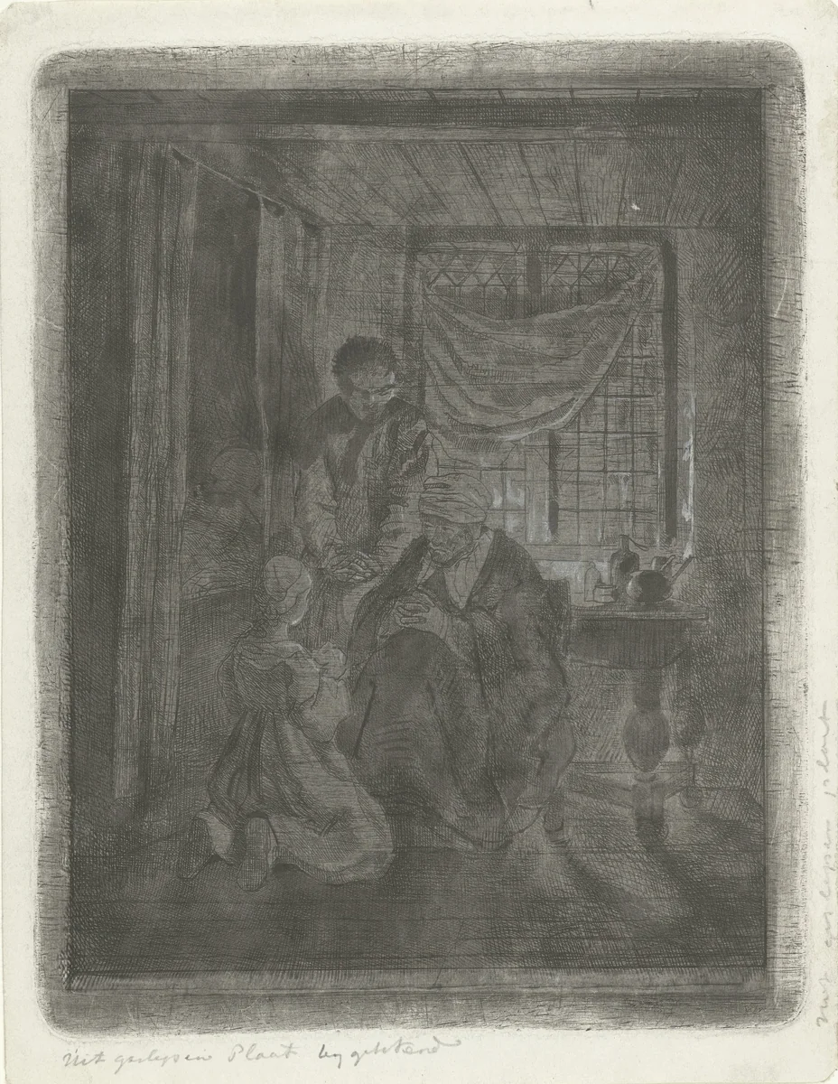 Biddend gezin voor een bedstede by Jacobus Ludovicus Cornet, print, 1825-1882