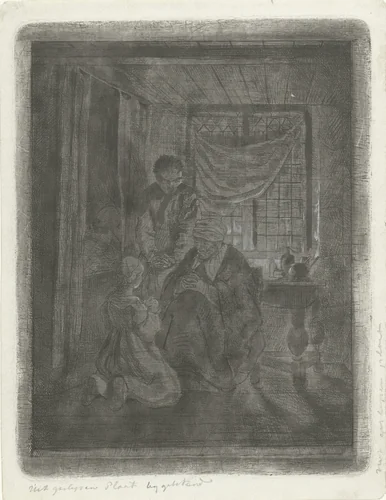 Biddend gezin voor een bedstede by Jacobus Ludovicus Cornet, print, 1825-1882