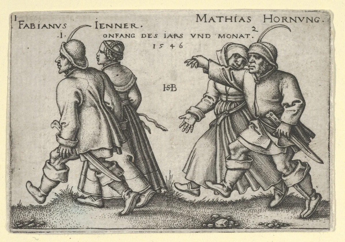 January and February from "The Peasants' Feast" or "The Twelve Months" by Sebald Beham, print, 1546
