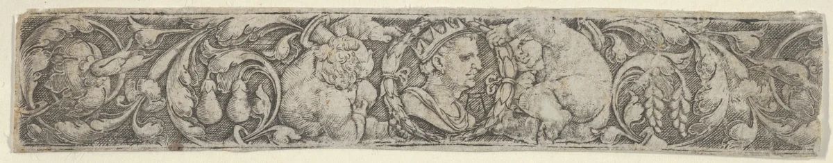 Frieze with Children Supporting the Bust of an Emperor Surrounded by Foliate Scrolls by Heinrich Aldegrever, print, 1539