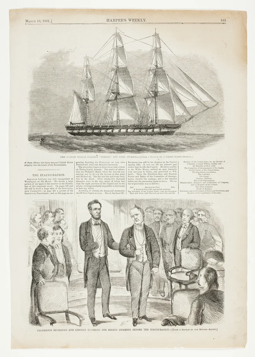 Presidents Buchanan and Lincoln Entering the Senate Chamber Before the Inauguration by Winslow Homer, print, 1861