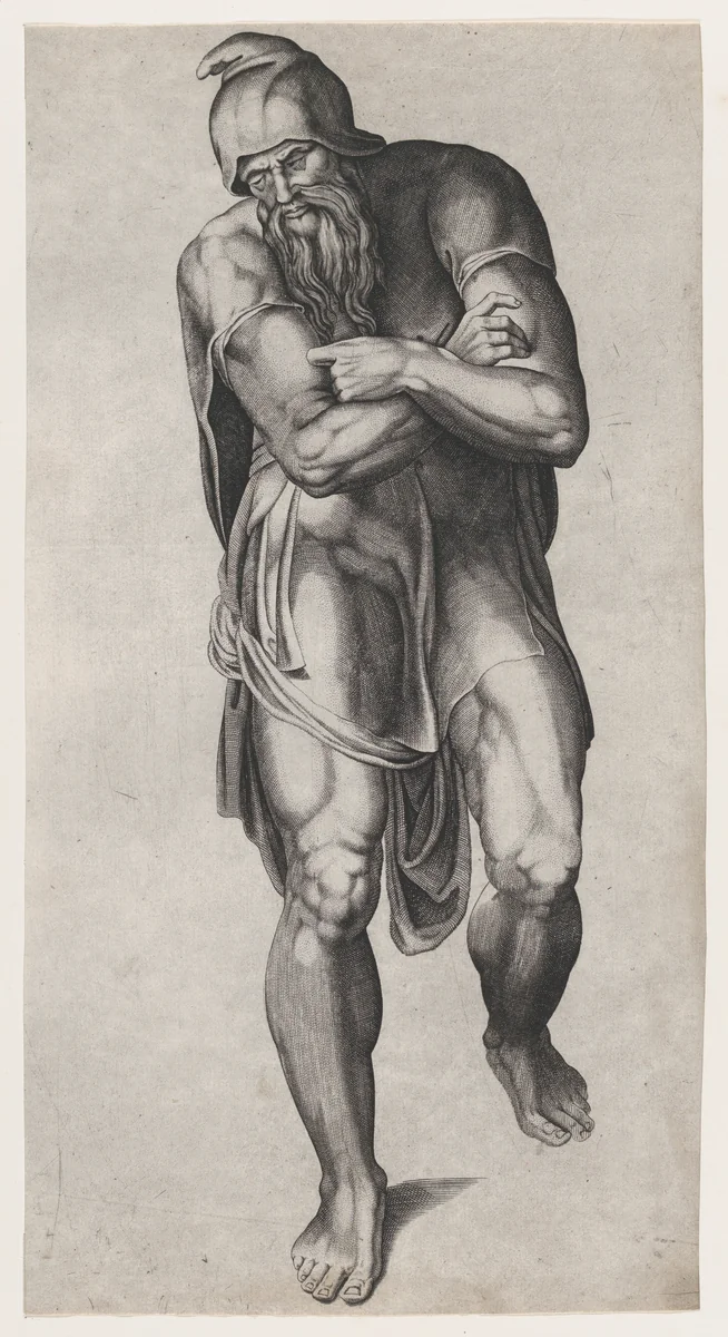 Joseph of Arimathea, after Michelangelo's Crucifixion fresco in the Cappella Paolina, Vatican by Nicolas Beatrizet, print, 1540-1566