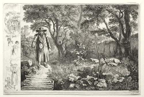 Old Man Before the Log Bridge by Johann Christoph Erhard, print, 1819