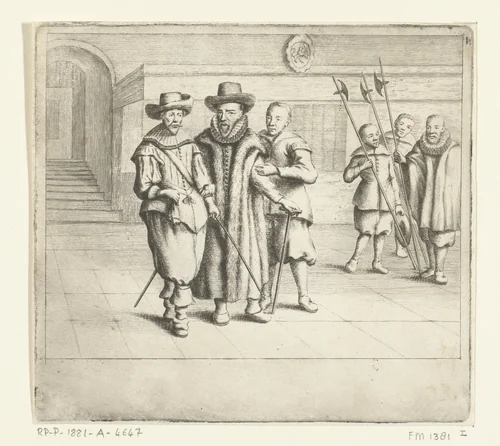 Oldenbarnevelt wordt naar het schavot geleid, 1619 by Hendrik Bary, print, 1668-1670
