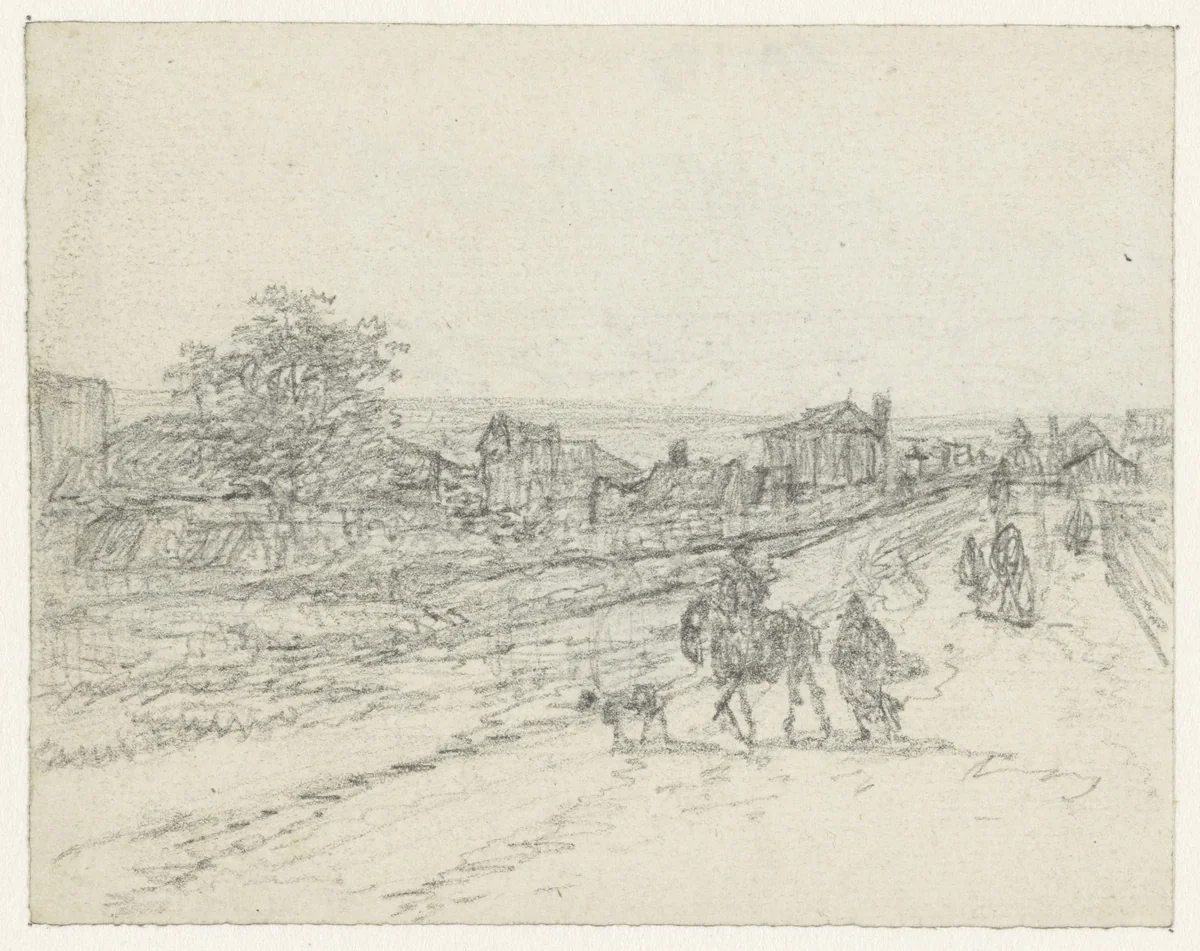 Ruiter met hond en voetganger op een landweg by Georges Michel, drawing, 1773-1843