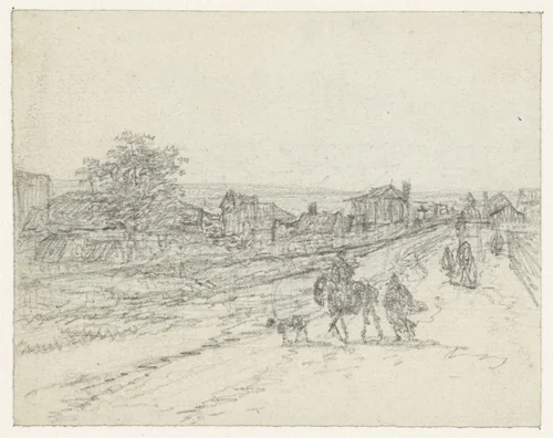 Ruiter met hond en voetganger op een landweg by Georges Michel, drawing, 1773-1843
