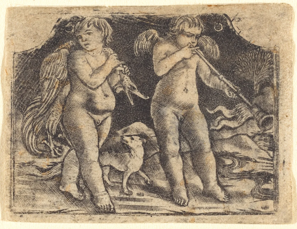 Cupid carrying a fowl accompanied by a dog, and another cupid playing a trumpet by Maso Finiguerra, print, 1450