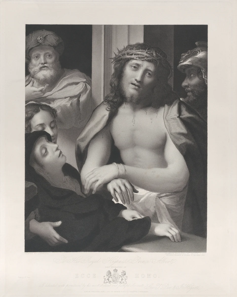 Ecce Homo, with Pontius Pilate behind him at left, the Virgin fainting at lower left, and a soldier at right by George Thomas Doo, print, 1850