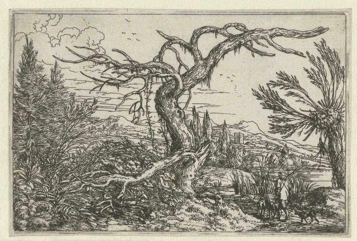 Landschap met de dorre boom by Jonas Umbach, print, 1634-1693