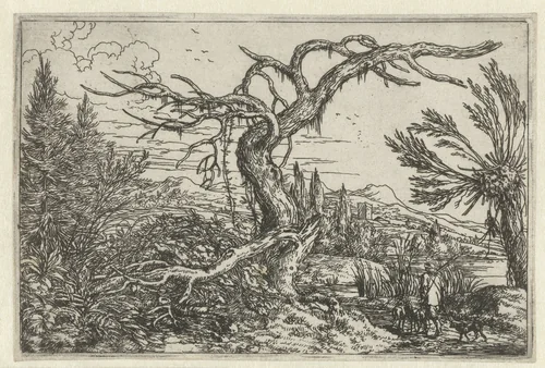 Landschap met de dorre boom by Jonas Umbach, print, 1634-1693