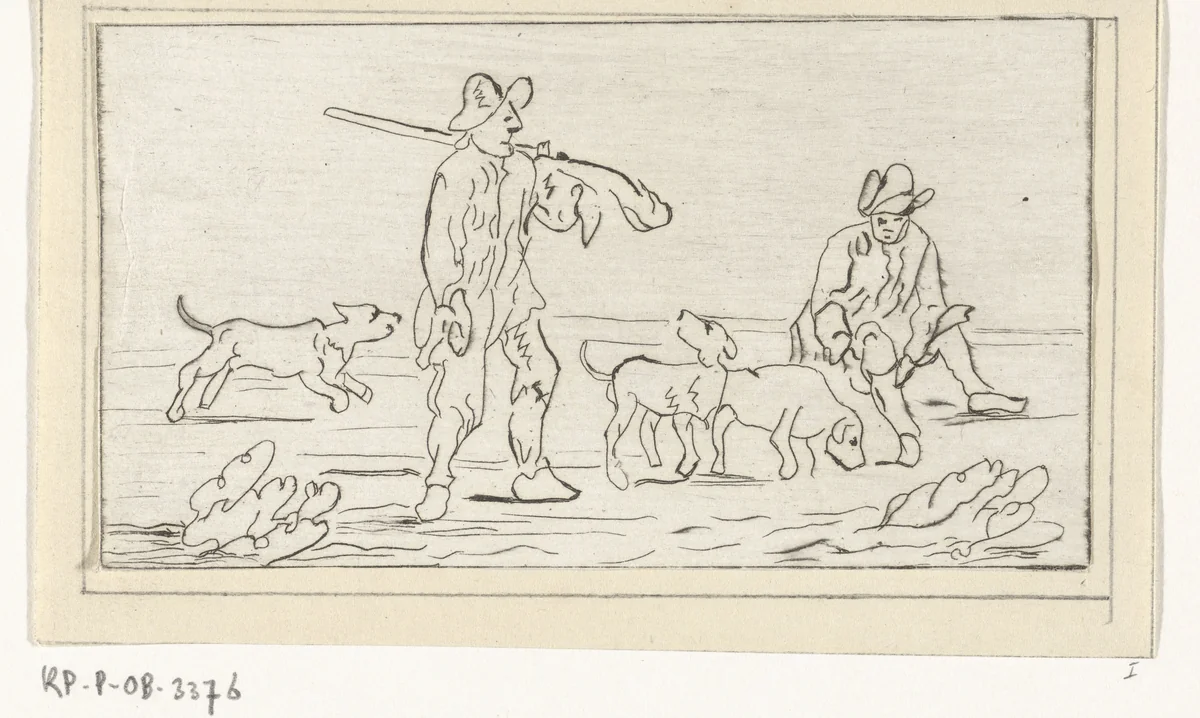 Twee jagers met drie jachthonden by Jacob Hoolaart, print, 1728-1789