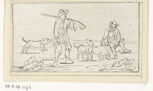 Twee jagers met drie jachthonden by Jacob Hoolaart, print, 1728-1789