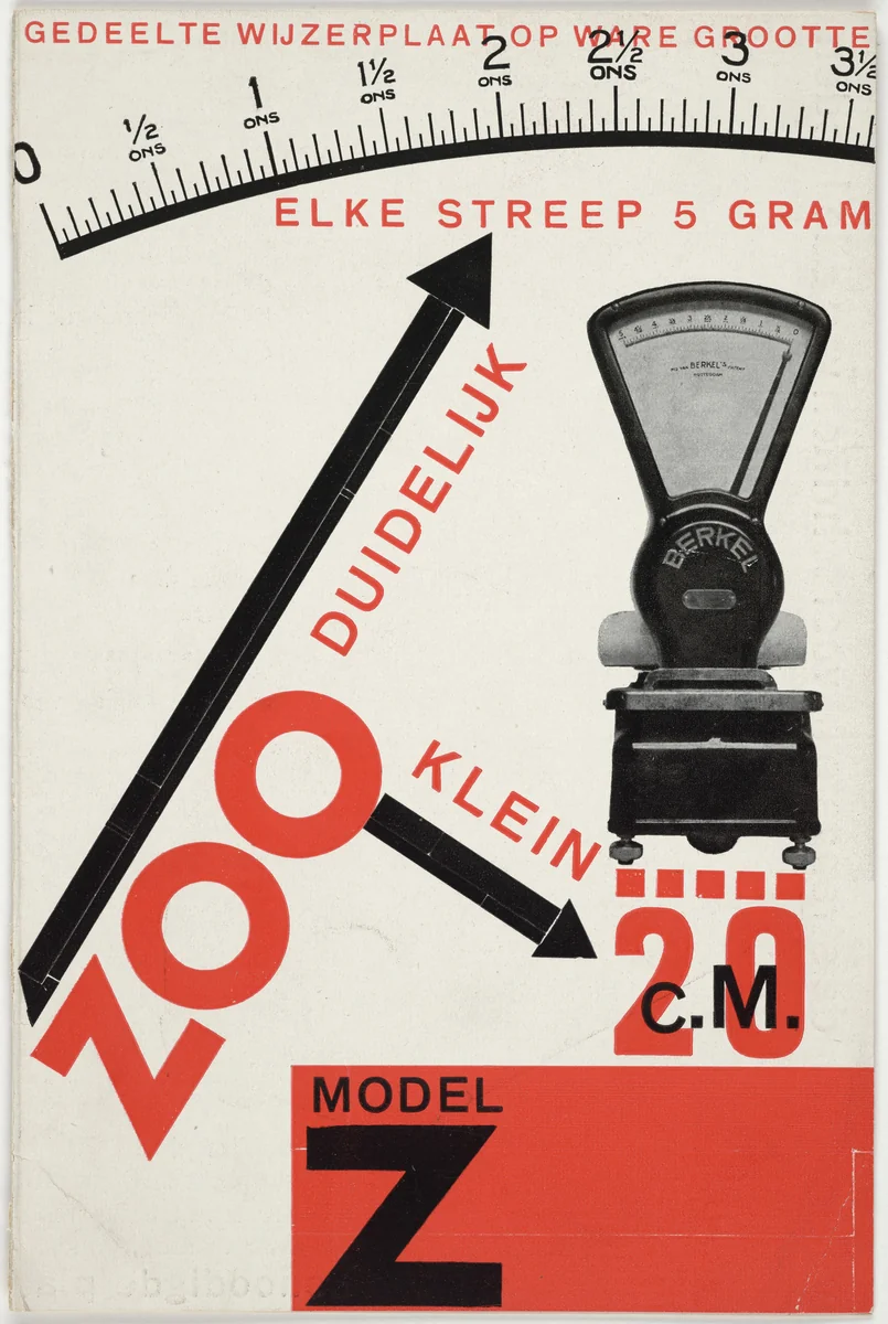 Model Z, zoo duidelijk zoo klein, elke streep 5 gram (Model Z, So Clear So Small, Every Dash 5 Grams) (Advertisement for a scale manufactured by Berkel) by Paul Schuitema, design, 1928