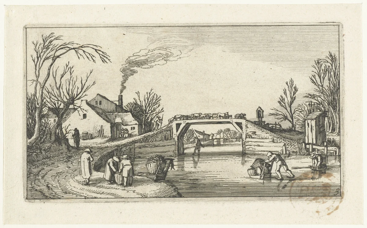Landschap met schaatsers bij een brug met schapen by anonymous, print, 1610-1650
