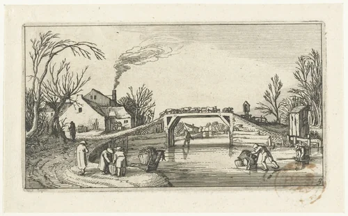 Landschap met schaatsers bij een brug met schapen by anonymous, print, 1610-1650
