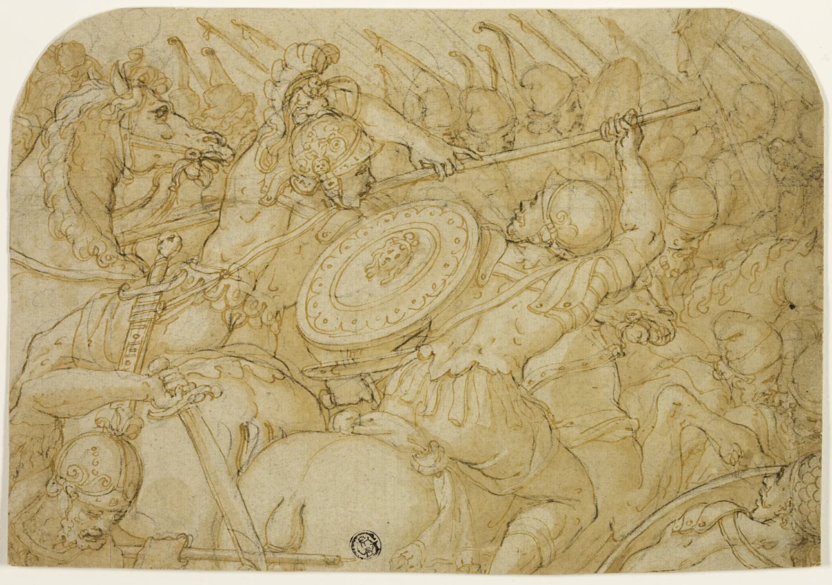 Cavalry Skirmish (recto); Architectural Sketch (verso) by Giorgio Vasari, drawing, 1558-1559