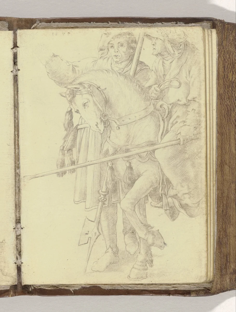 Ruiter en wandelaar by anonymous, drawing, 1585