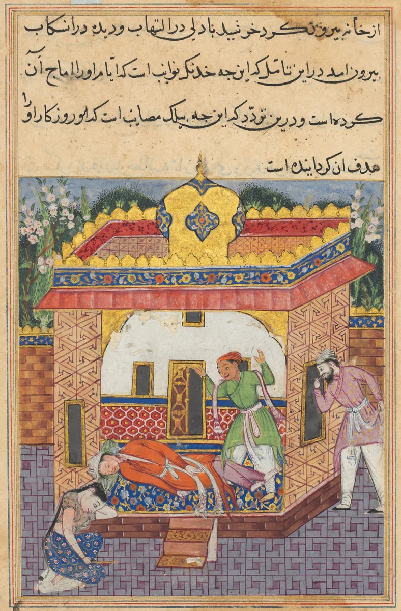 Latif, who has murdered his brother, falsely accuses Khurshid of the deed, from a Tuti-nama (Tales of a Parrot): Thirty-second Night by Unknown, painting, 1555-1565