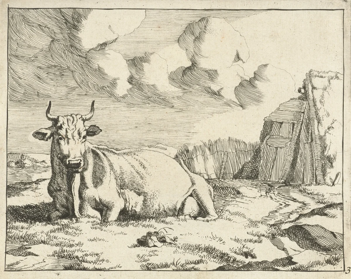 Liggende koe by Marcus de Bye, print, 1657-1677