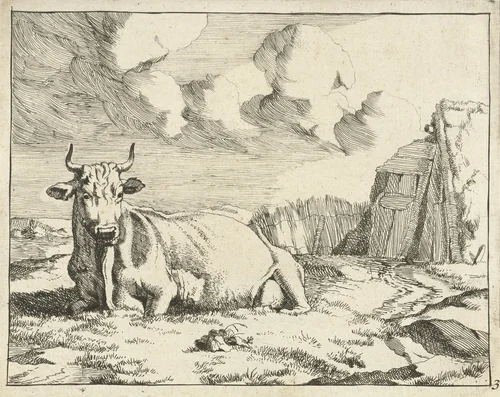 Liggende koe by Marcus de Bye, print, 1657-1677