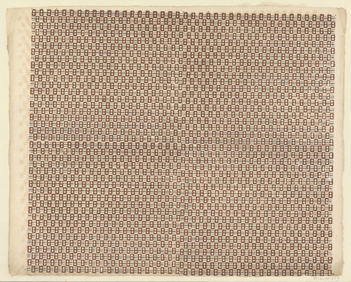 Blad met strooipatroon van rechthoeken met twee stippen op onderbroken horizontale lijnenfond by anonymous, print, 1750-1950