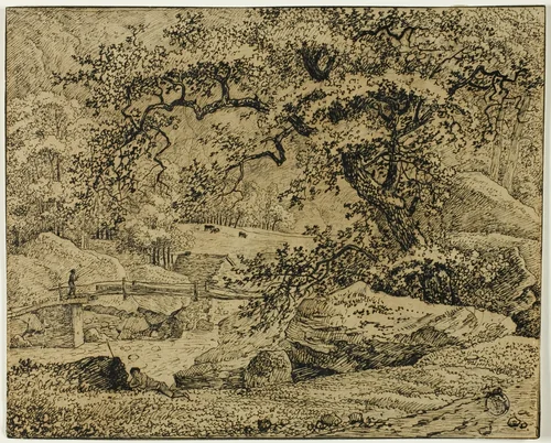 Landscape with Figure Resting Under Tree by Stream by Jacob van Ruisdael, drawing, 1648-1682