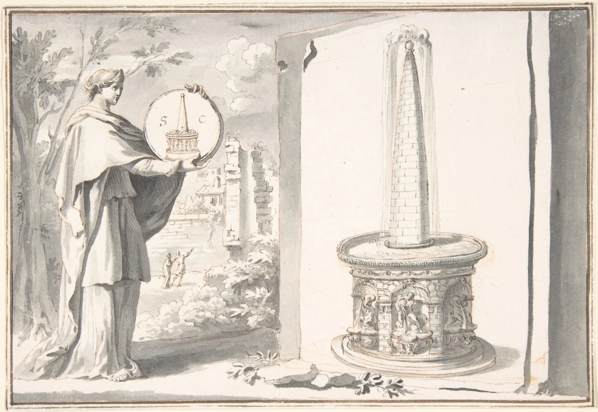 Female Figure Holding a Coin and Image of a Fountain by Jan Goeree, drawing, 1690-1704
