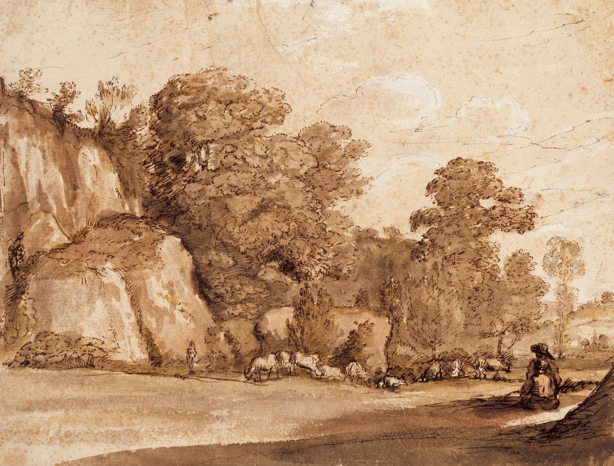 A Rocky Hillside by Claude Lorrain, drawing, 1635-1636
