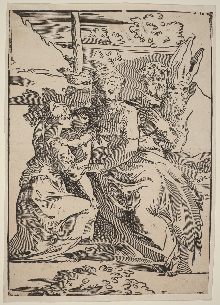 The Holy Family with Two Saints by Antonio da Trento, print, 1508-1550